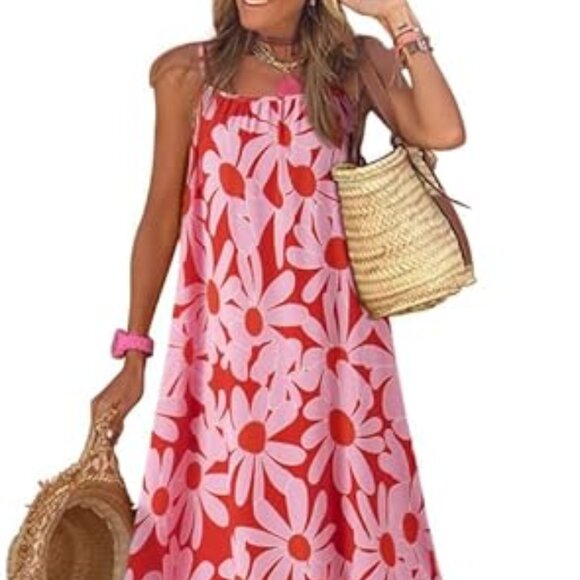 Women`s  Spaghetti Strap Scoop Neck Smocked Ruffle Flowy Boho Maxi Dress - Picture 1 of 5